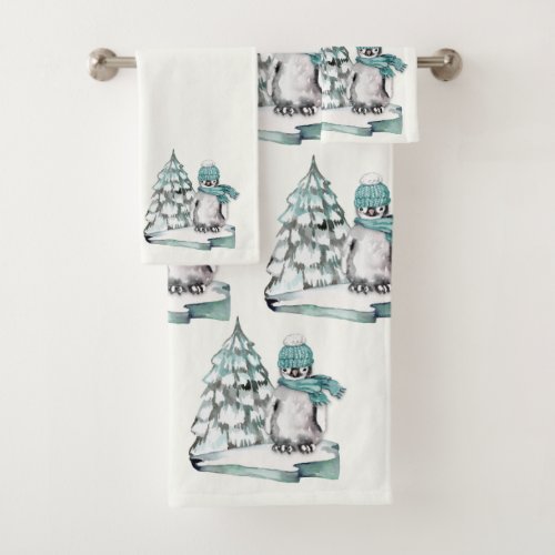 Cute Watercolor Penguin Arctic Snow Pine Tree Bath Towel Set