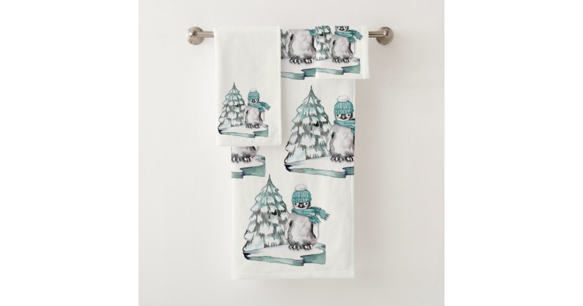 Cute Watercolor Penguin Arctic Snow Pine Tree Bath Towel Set Zazzle