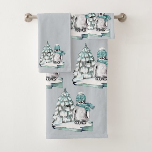 Cute Watercolor Penguin Arctic Snow Pine Tree Bath Towel Set