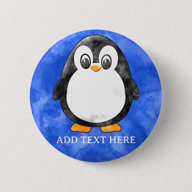 Cute Watercolor Penguin Blue  Button (Front)