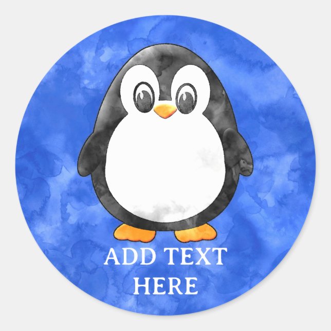 Cute Watercolor Penguin Blue  Classic Round Sticker (Front)