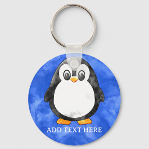 Cute Watercolor Penguin Blue Keychain