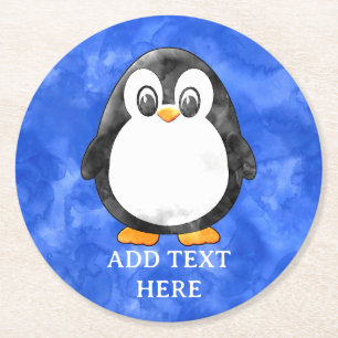 Cute Watercolor Penguin Blue Round Paper Coaster