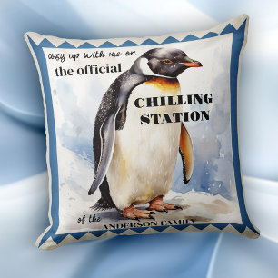 Cute Watercolor Penguin Chilling Station Throw Pillow