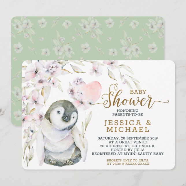 Cute Watercolor Penguin Gender Neutral Baby Shower Invitation (Front/Back)