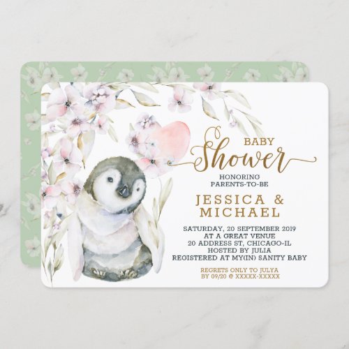 Cute Watercolor Penguin Gender Neutral Baby Shower Invitation