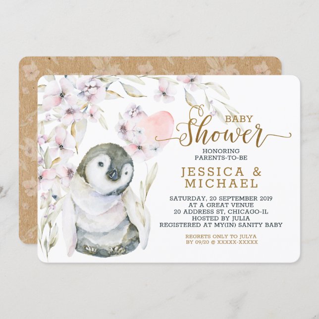 Cute Watercolor Penguin Gender Neutral Baby Shower Invitation (Front/Back)