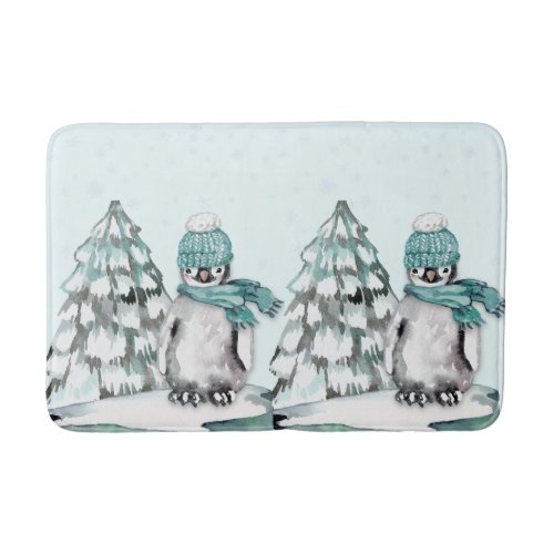 Cute Watercolor Penguin Pine Trees Christmas Bath Mat