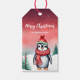Cute watercolor Penguin Santa Christmas party kid Gift Tags