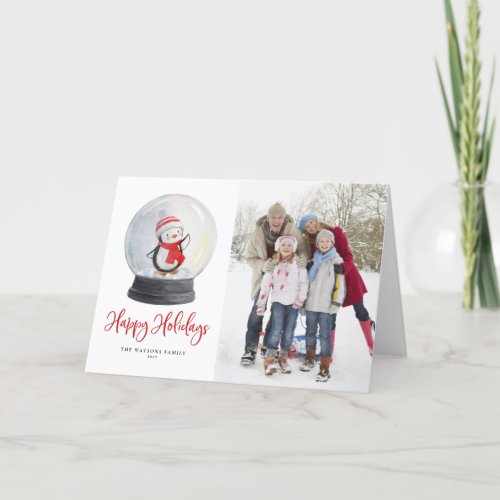 Cute Watercolor Penguin Snow Globe Photo Holiday Card