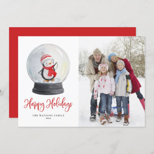Cute Watercolor Penguin Snow Globe Photo Holiday Card