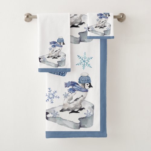 Cute Watercolor Penguin Snowflakes Christmas  Bath Towel Set