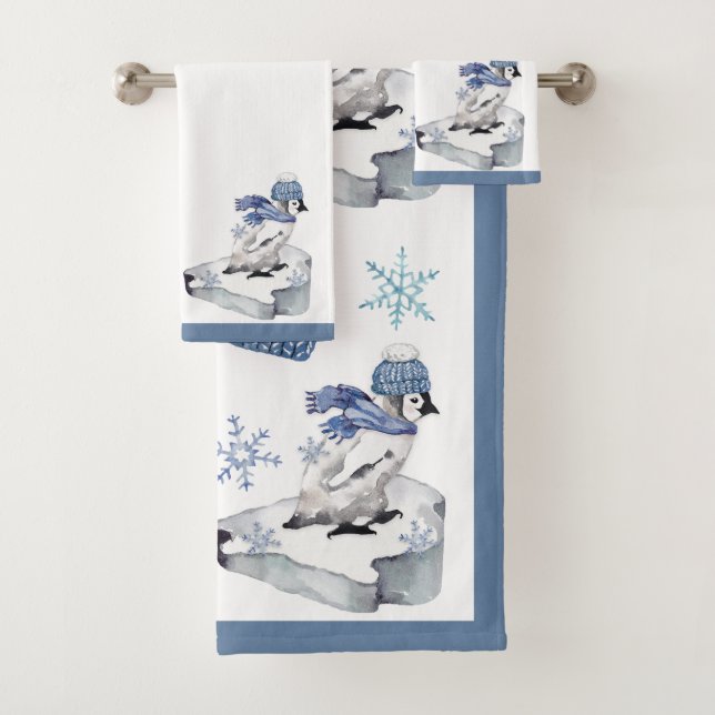 Cute Watercolor Penguin Snowflakes Christmas  Bath Towel Set (Insitu)