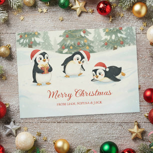 Cute Watercolor Penguins Christmas Forest Holiday Card