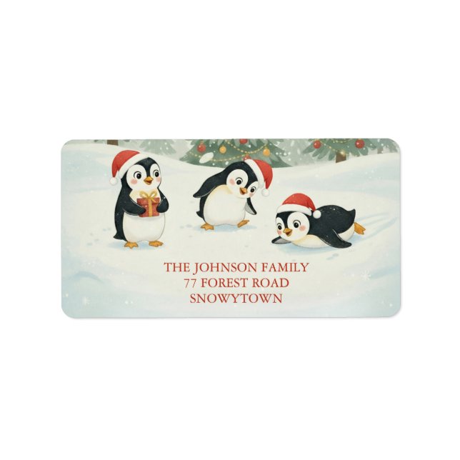 Cute Watercolor Penguins Christmas Forest Label (Front)