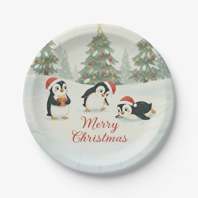 Cute Watercolor Penguins Christmas Forest Paper Plates (Front)