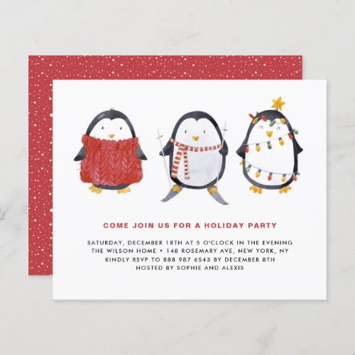 Cute Watercolor Penguins Holiday Party Invitation