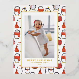 Cute Watercolor Penguins Pattern Christmas Photo Foil Holiday Postcard