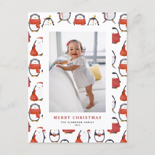 Cute Watercolor Penguins Pattern Christmas Photo Holiday Postcard