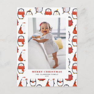 Cute Watercolor Penguins Pattern Christmas Photo Holiday Postcard