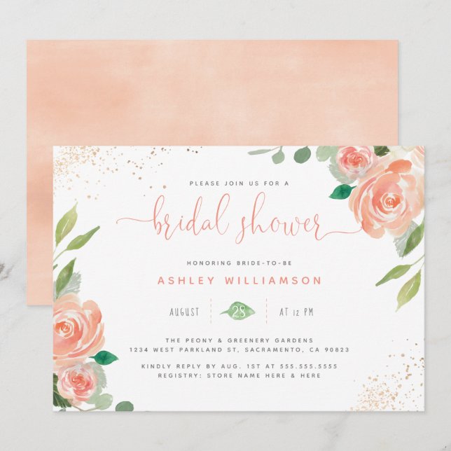 Cute Watercolor Peonies & Eucalyptus Bridal Shower Invitation (Front/Back)