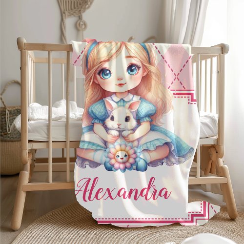 Cute Watercolor Personalized Alice in Wonderland Baby Blanket