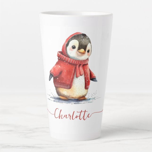 Cute Watercolor Personalized Christmas Penguin Latte Mug (Front)