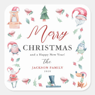 Cute Watercolor Personalized Merry Christmas Square Sticker