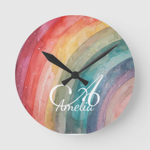 Cute Watercolor Personalized Rainbow Round Clock