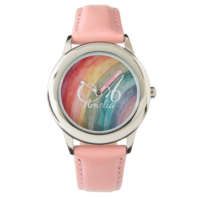 Cute Watercolor Personalized Rainbow  Watch (Front)