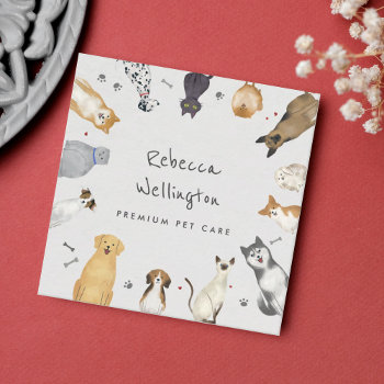 Cute Watercolor Pets Dogs Cats Sitter Dog Walker Square Business Card by AtelierAdair at Zazzle