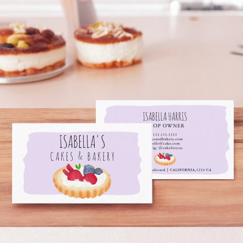 Cute watercolor pie cakes bakery script purple business card