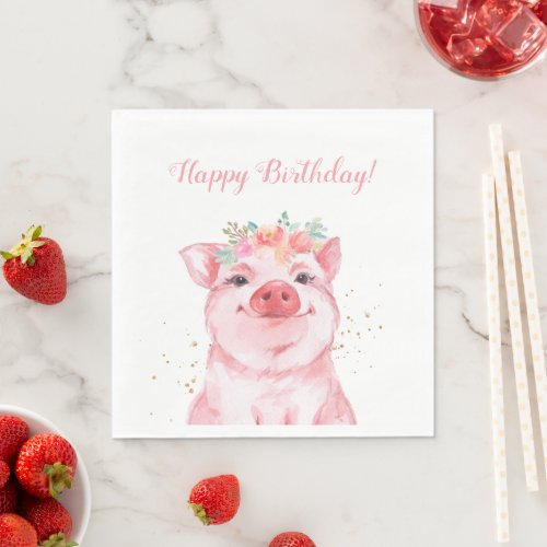 Cute Watercolor Pig Birthday Napkins