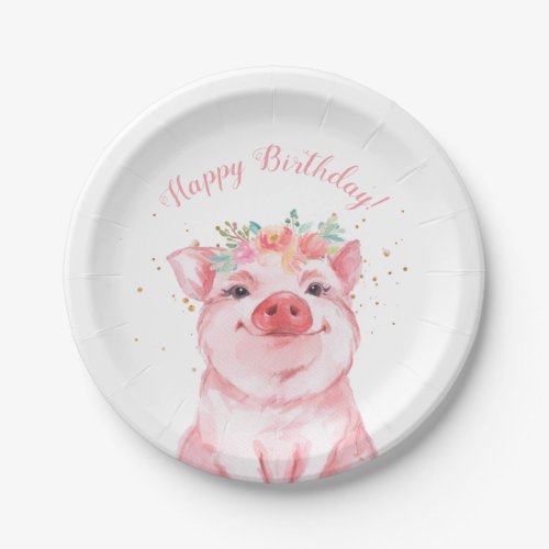 Cute Watercolor Pig Happy Birthday Paper Plates