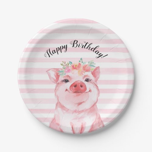 Cute Watercolor Pig with Pink Stripes Birthday Paper Plates
