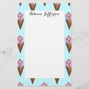 Cute Watercolor Piggy Ice Cream Pink Teal Pattern Stationery