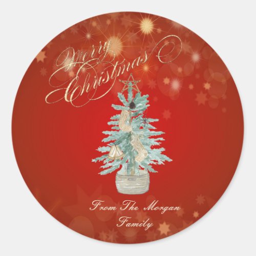 Cute Watercolor Pine Tree Red Christmas  Classic Round Sticker