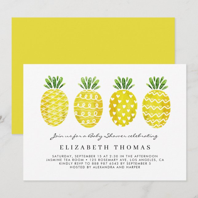 Cute Watercolor Pineapples Summer Baby Shower Invitation (Front/Back)