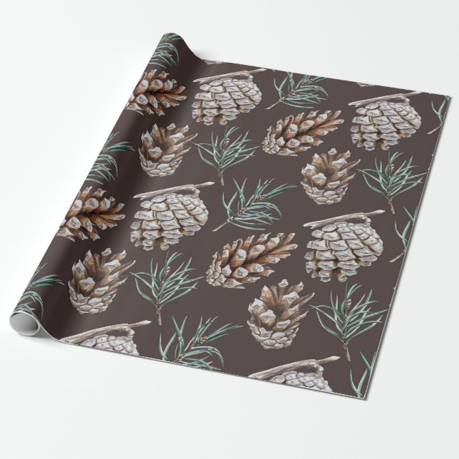 Cute Watercolor Pinecones Christmas Wrapping Paper (Unrolled)