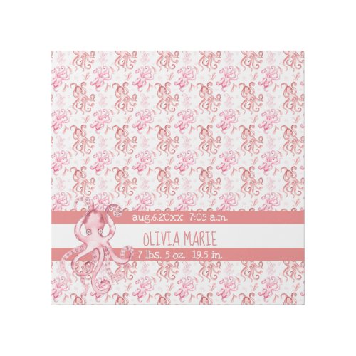 Cute Watercolor Pink and Coral Octopus Babys Name Gallery Wrap