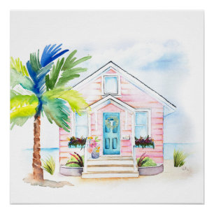 Cute Watercolor Pink Beach House Poster
