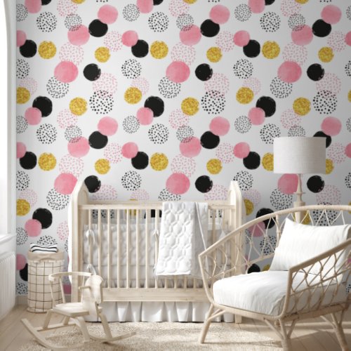 Cute Watercolor Pink Black Gold Polka Dots Nursery Wallpaper