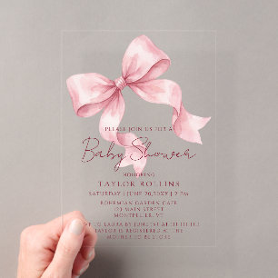 Cute Watercolor Pink Bow Baby Shower Invitation