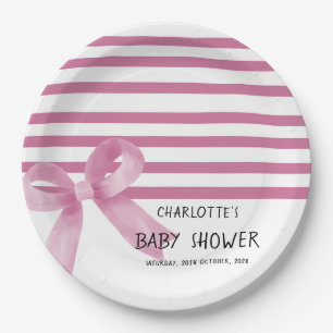 Cute Watercolor Pink Bow Baby Shower Paper Plates