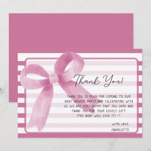 Cute Watercolor Pink Bow Baby Shower Thank You Card