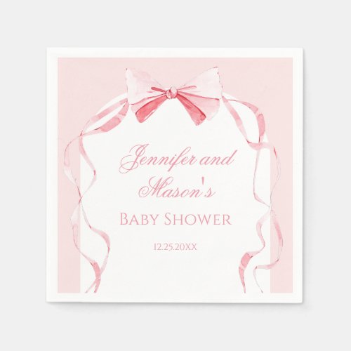 Cute watercolor pink bow ribbon baby girl shower napkins