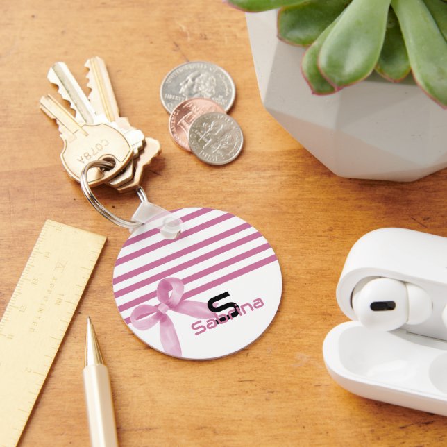 Cute Watercolor Pink Bow Stripes Keychain (Desk)