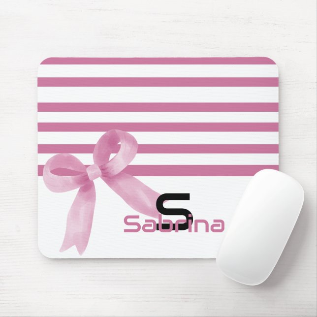 Cute Watercolor Pink Bow Stripes Mousepad (With Mouse)