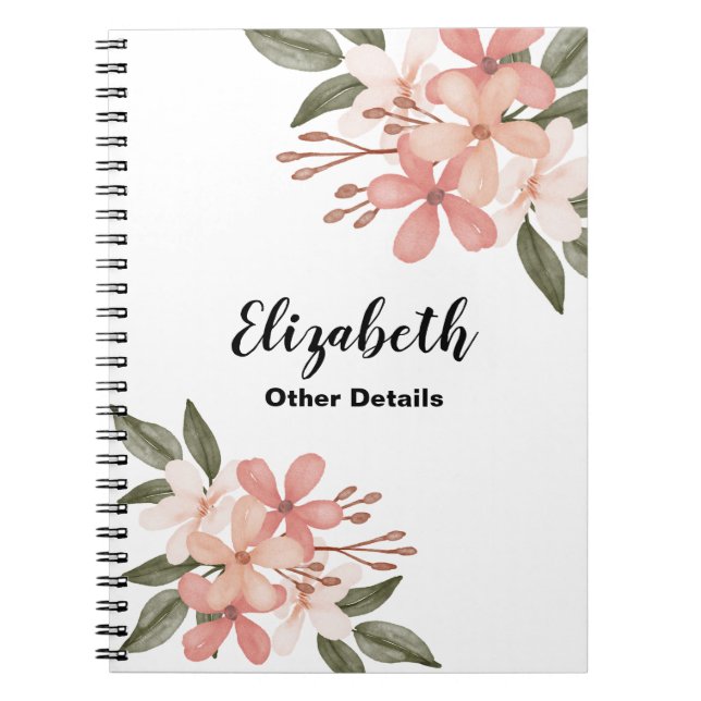 Cute Watercolor Pink Cheery Botanical Personalized Notebook (Front)