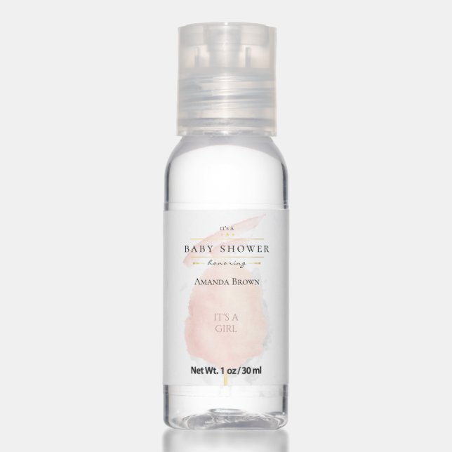 Cute Watercolor Pink Cotton Candy Baby Shower Hand Sanitizer (Front)